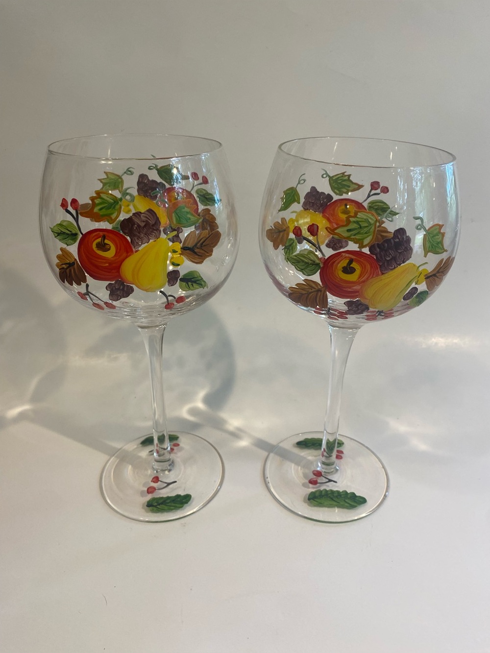 Hand Painted Wine Goblets Set 2 Autumn Fruit Design Apples Pears Leaves Harvest